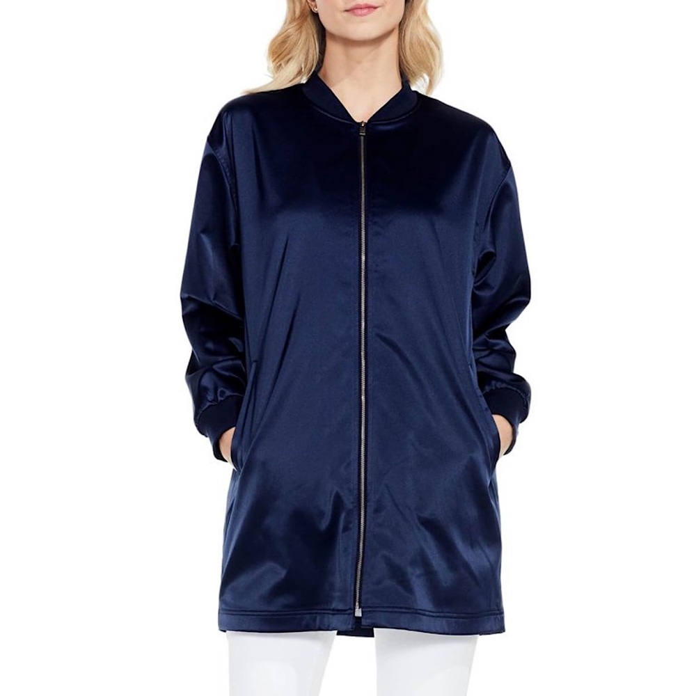 Vince Camuto Womens Longline Jacket PXS Blue Satin Bomber Chic Modern Lined